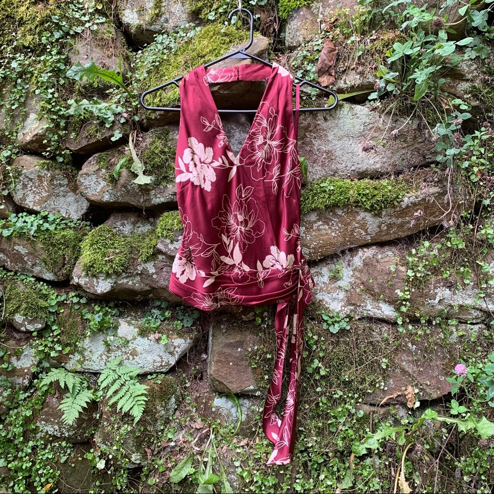 Banana Republic Silk Halter Top, XS, Maroon/Cream